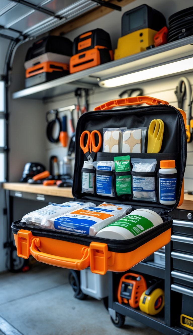 A garage workshop with a well-stocked first aid kit mounted on the wall and organized tools on a workbench.