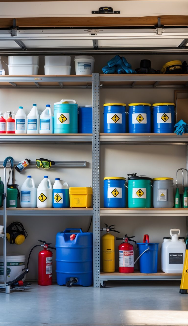 A well-organized garage workshop with hazardous materials stored on shelves, safety equipment nearby, and tools neatly arranged.