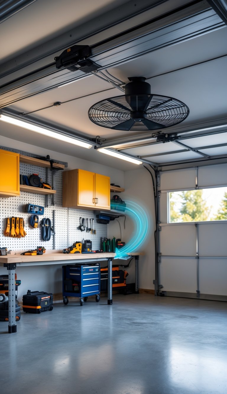 A clean and organized garage workshop with a motion-activated ceiling fan running to circulate air.
