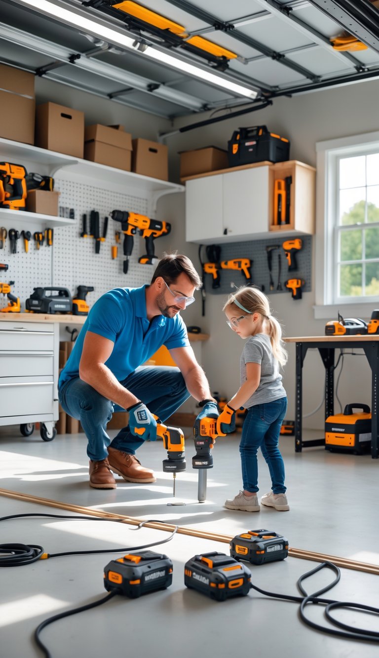 A father and child using cordless power tools safely in a clean and organized garage workshop.