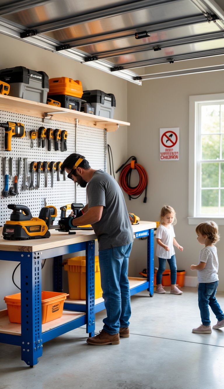 A parent working with tools in a garage workshop while two children play safely at a distance.