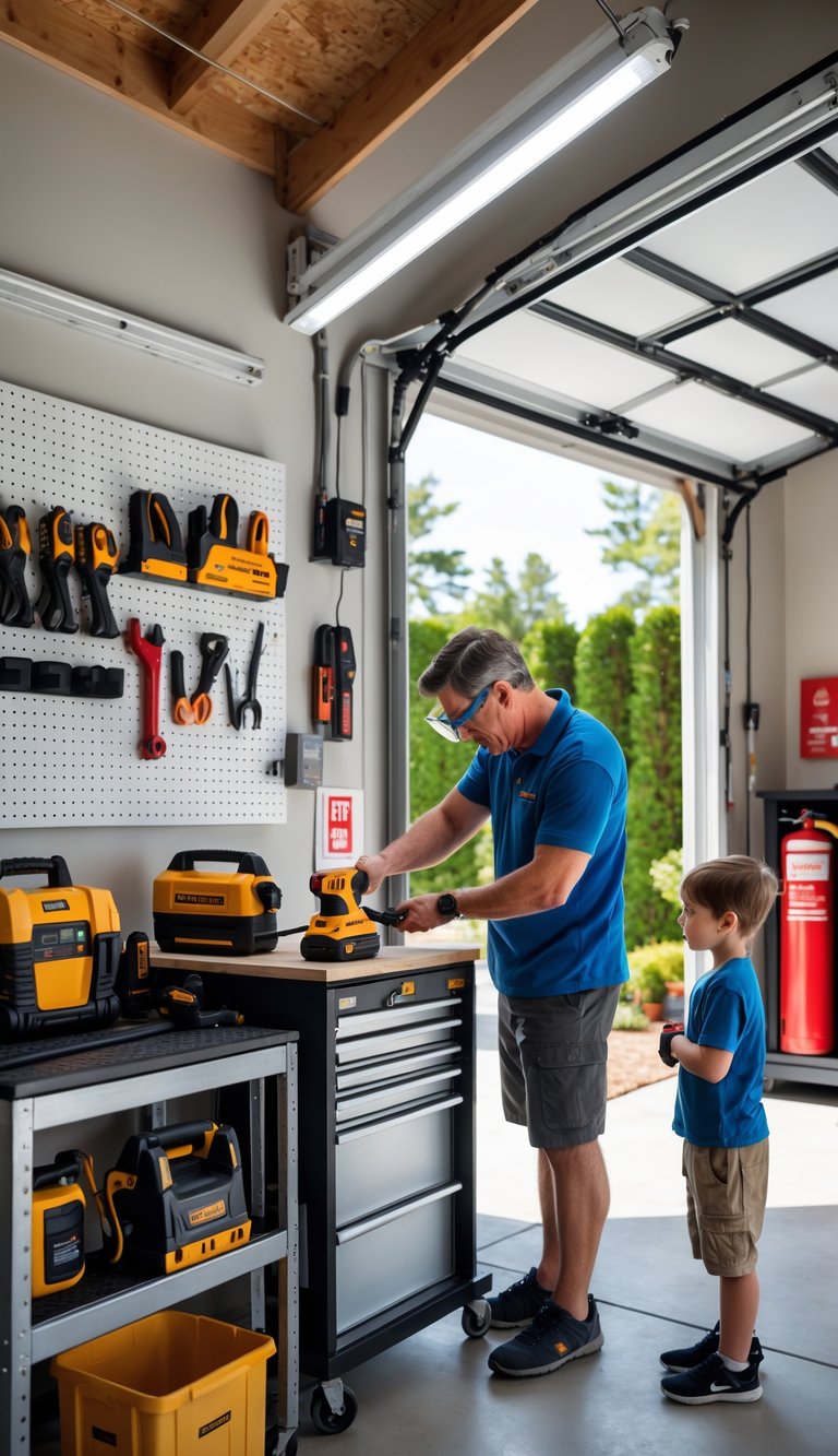 A family in a garage workshop where an adult performs safety checks on tools while a child watches, both wearing protective gear.