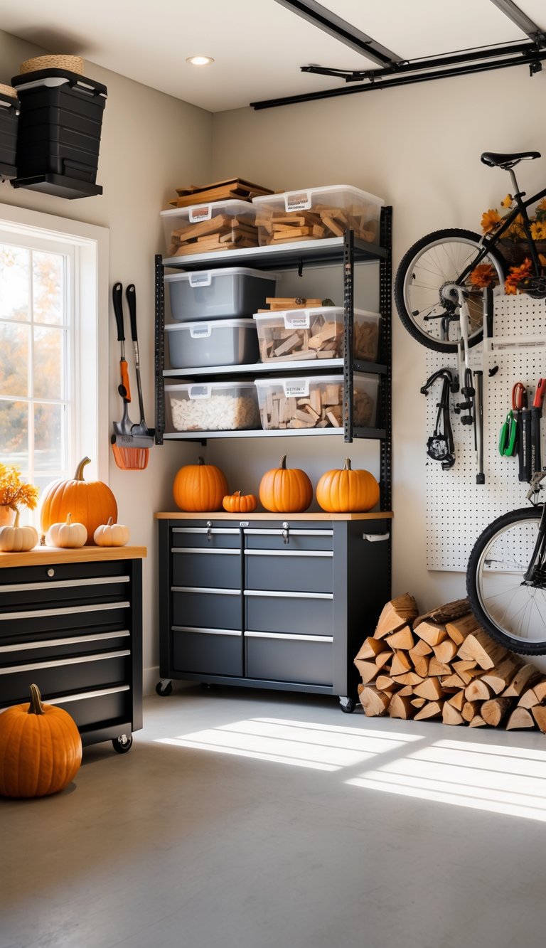 A clean and organized garage with shelves holding storage bins, firewood, gardening tools, and autumn decorations.