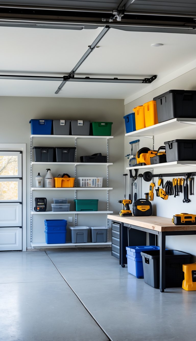 A garage with wall-mounted shelves holding storage bins and tools, and a clear floor space.