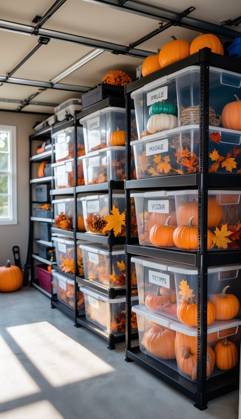 A tidy garage with clear plastic storage bins containing fall décor items neatly arranged on shelves.