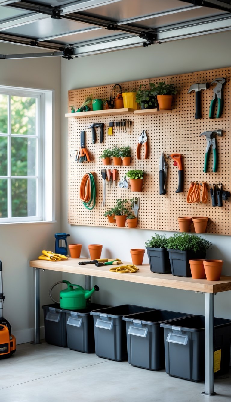 A clean garage wall with a pegboard holding various tools and gardening equipment neatly organized above a workbench.