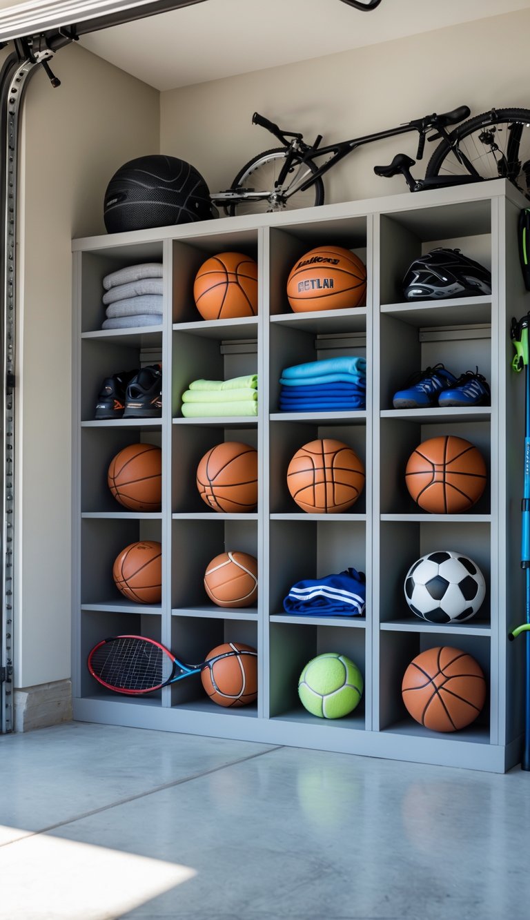 A neatly organized garage corner with cubbies holding sports gear like helmets, balls, and rackets.
