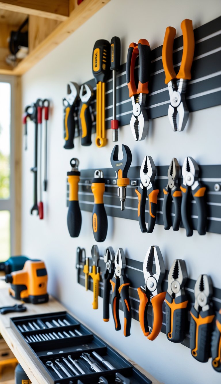 A garage wall with magnetic strips holding small metal tools above a tidy workbench.