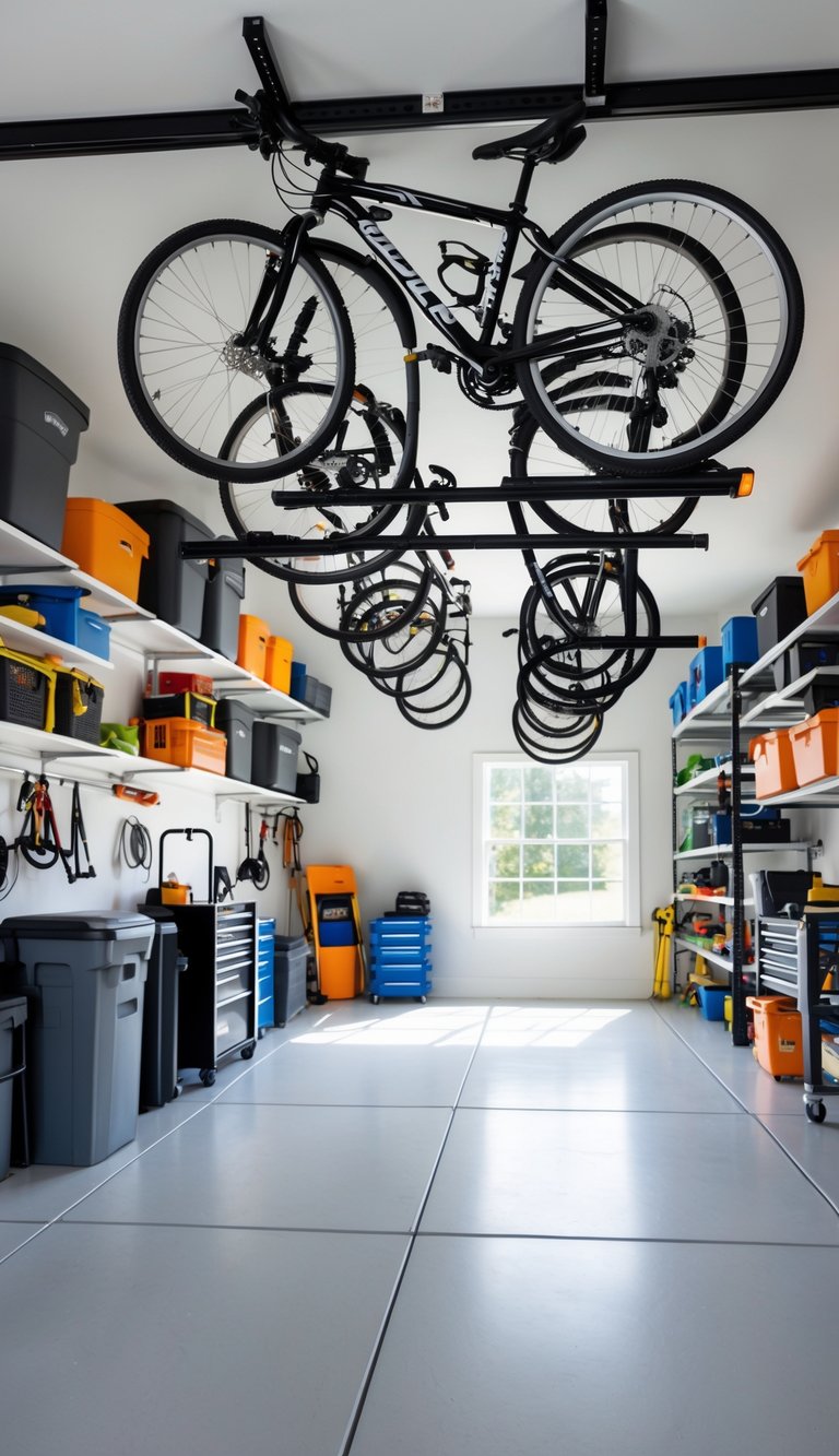A clean garage with bicycles stored on ceiling-mounted racks and organized shelves with storage bins.