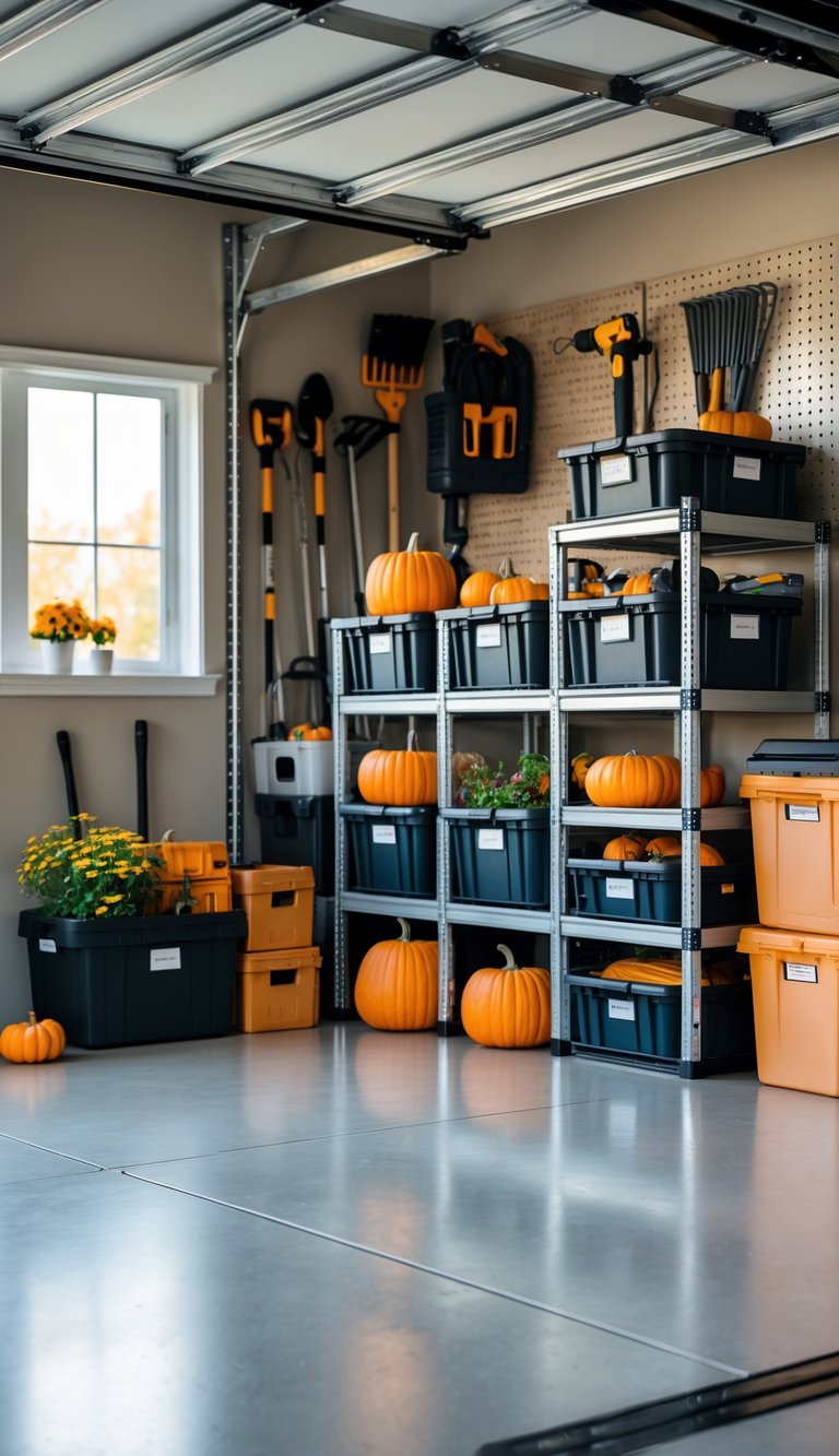 A clean and organized garage with stackable crates on shelves filled with seasonal items and tools.