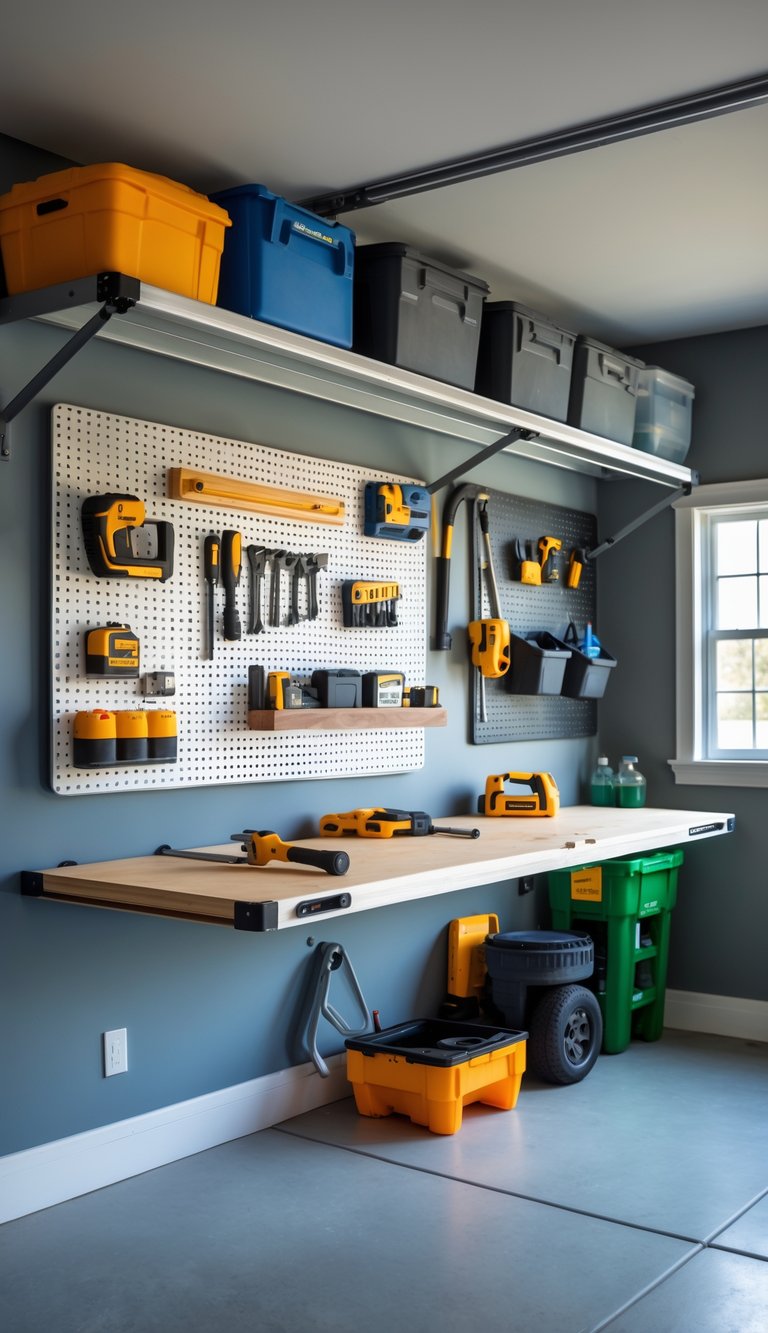 A clean and organized garage with a fold-down workbench opened and tools arranged neatly for DIY projects.