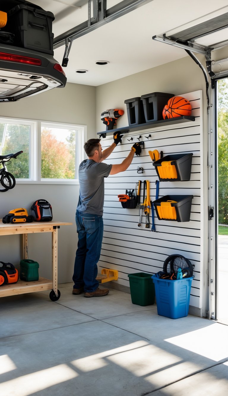 A person installing a slatwall system in a clean, organized garage with tools and storage items on the wall.
