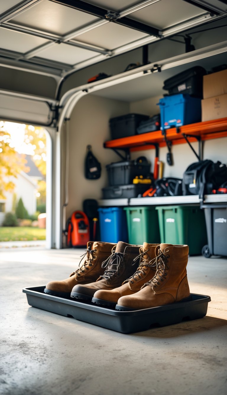 A clean garage floor with a boot tray holding dirty shoes and boots, surrounded by organized shelves and storage boxes.