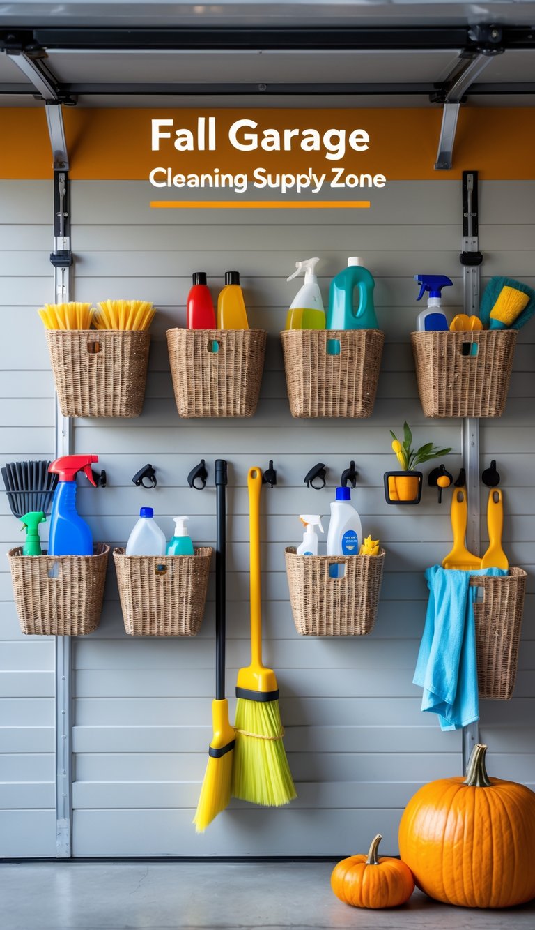 A garage wall with hooks and baskets holding cleaning supplies like brooms, mops, and spray bottles, organized neatly with small fall decorations nearby.