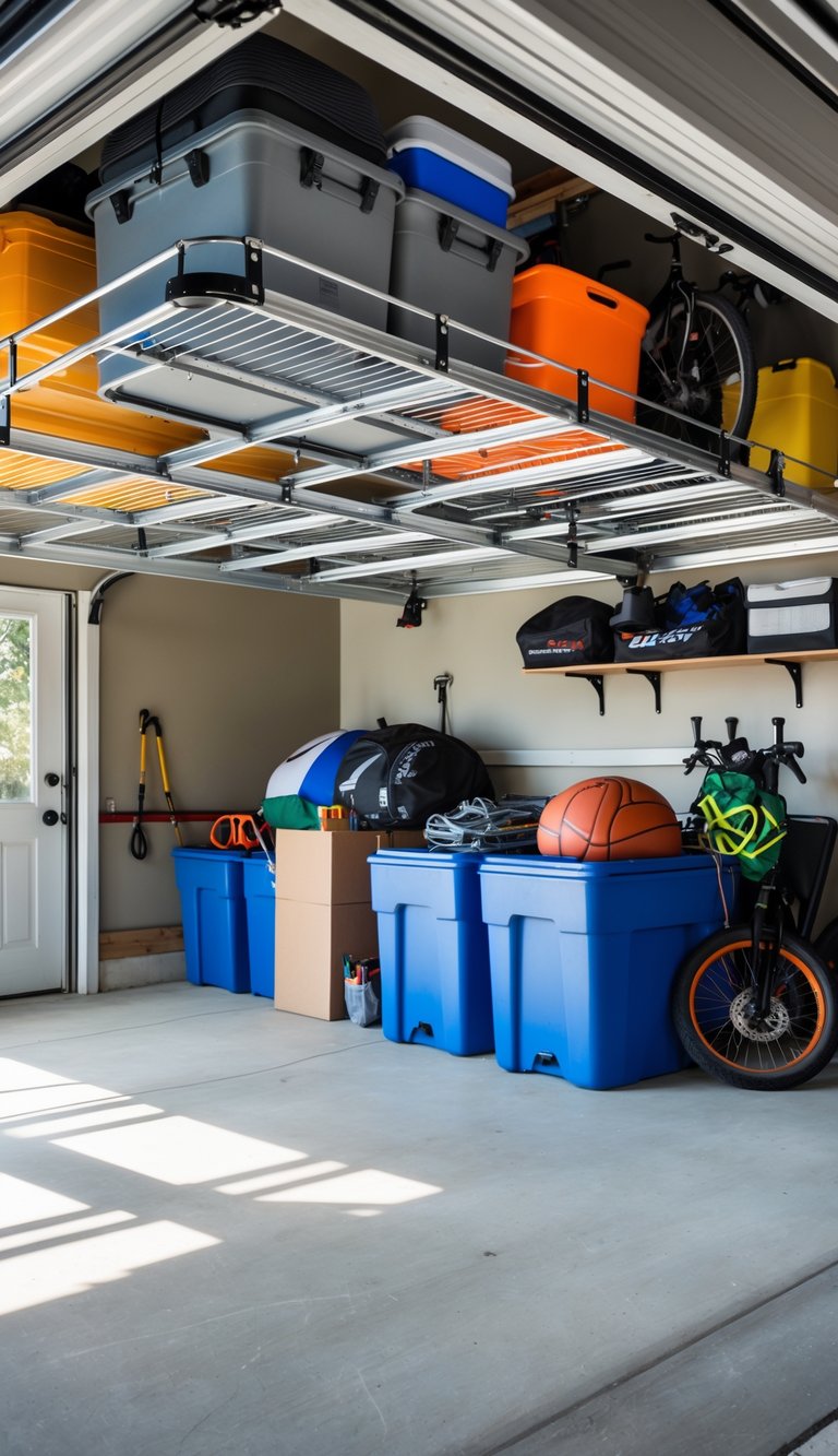 A garage with overhead ceiling storage racks holding large bins and bulky items, showing an organized and tidy space.