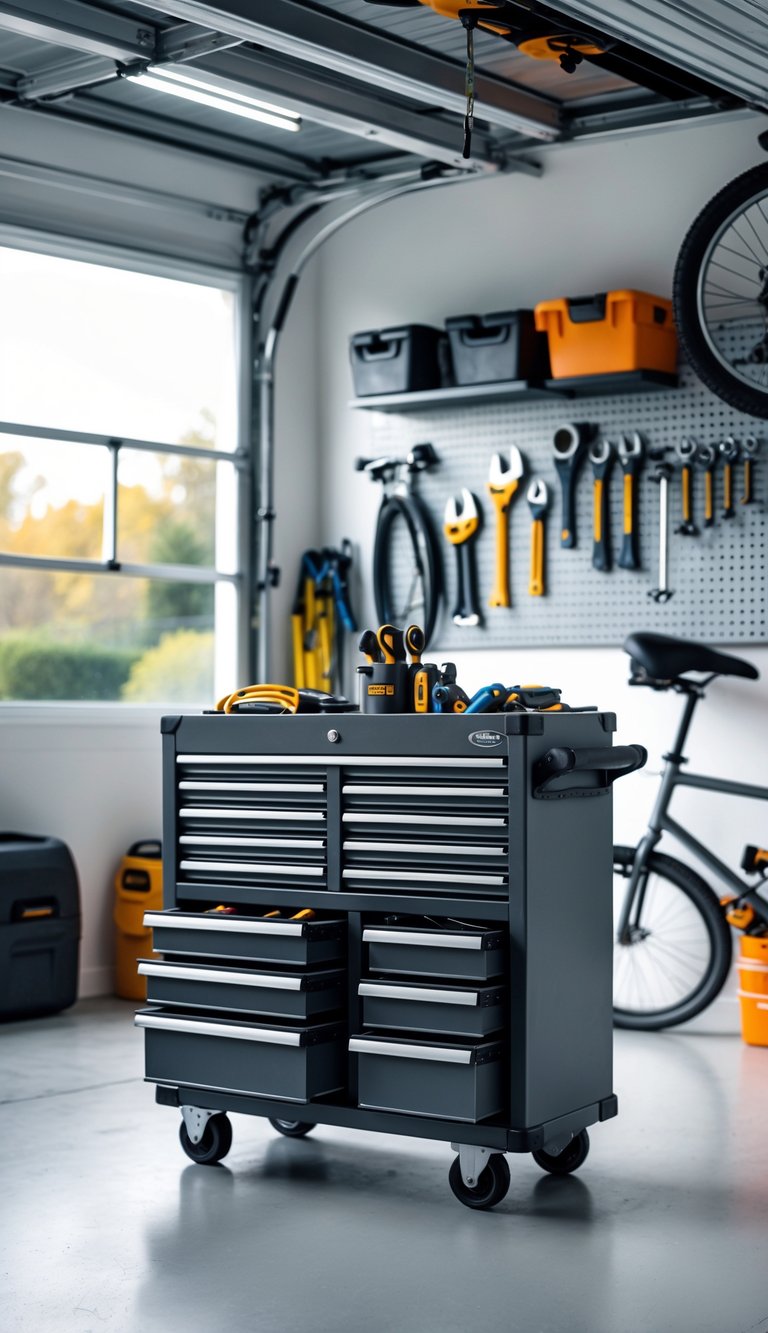 A clean garage with a rolling tool chest filled with tools, shelves with storage bins, and a bicycle hanging on the wall.