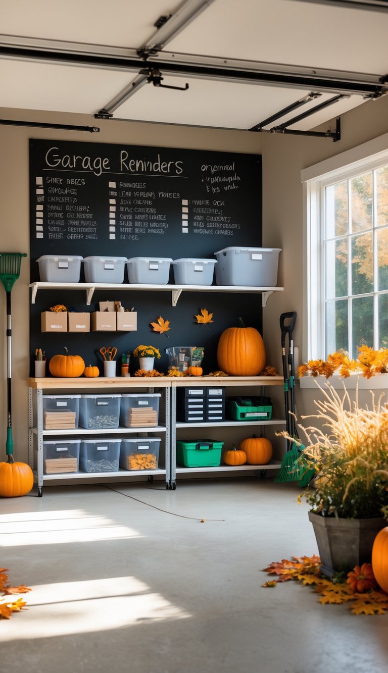 A clean and organized garage with a large chalkboard wall, storage shelves with bins and tools, and fall-themed items like pumpkins and rakes.