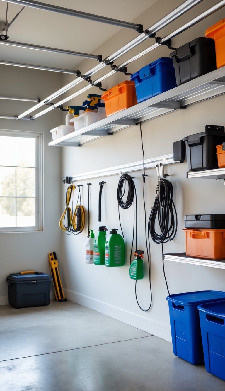Garage interior with tension rods holding spray bottles and cords, showing organized storage.