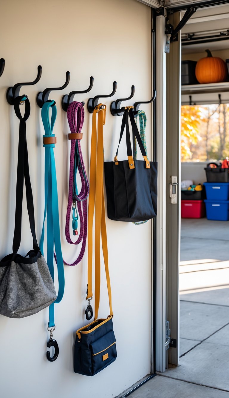 A garage wall near the door with hooks holding pet leashes and bags, surrounded by organized storage bins and shelves.
