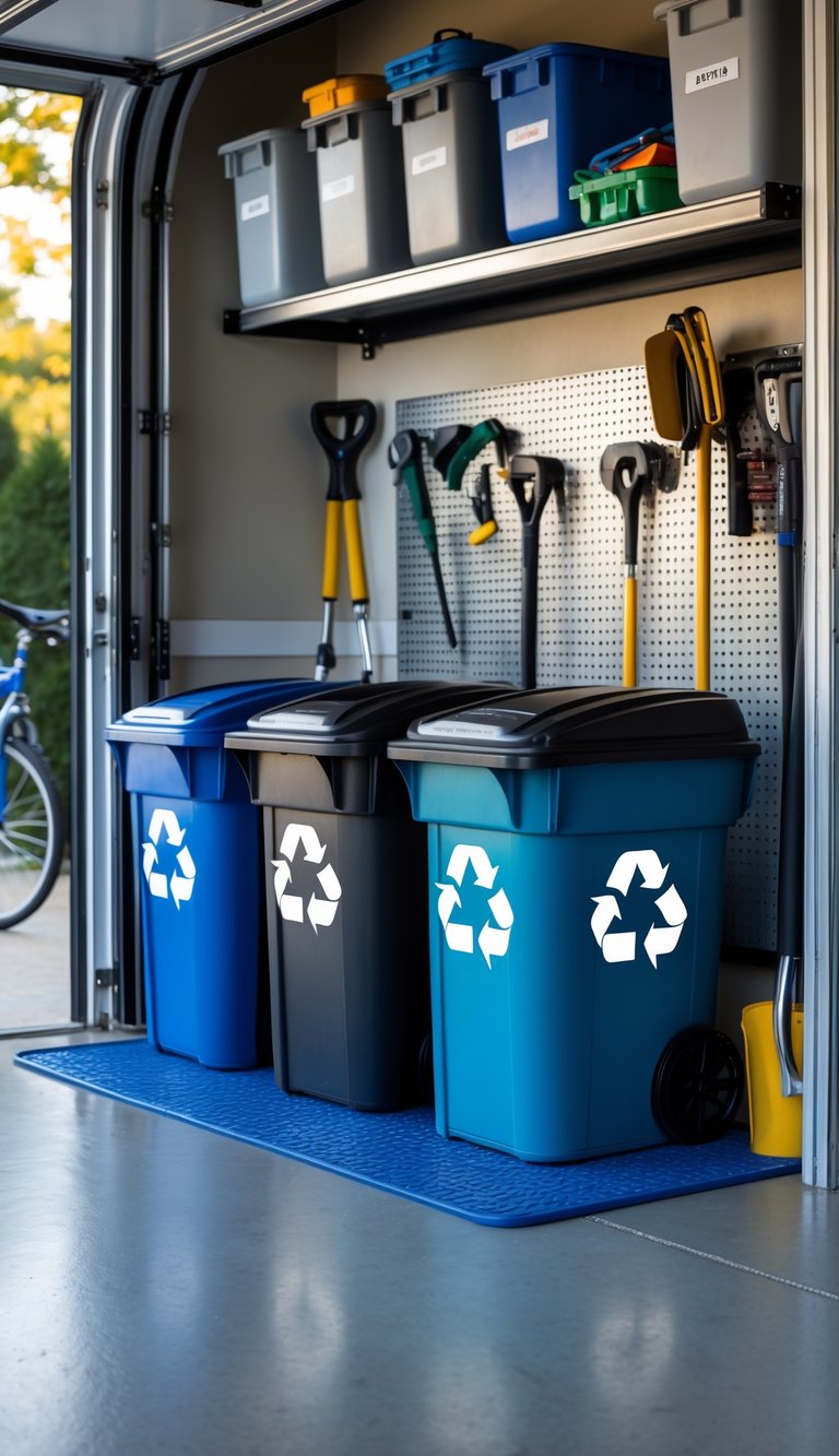 A corner of a garage with separate recycling and trash bins placed neatly on the floor, surrounded by organized storage shelves and tools.