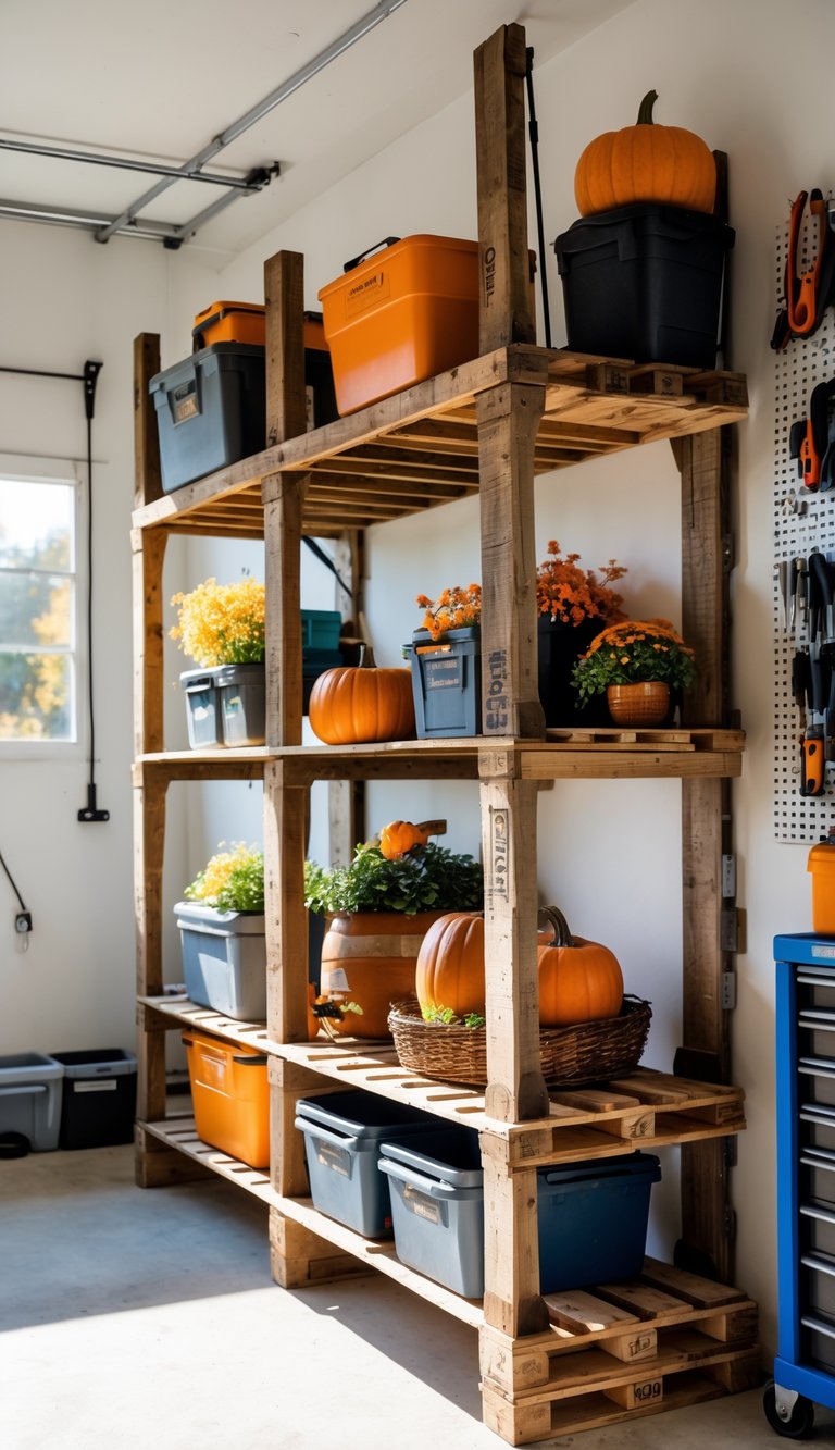 A garage with a shelving unit made from old wooden pallets holding storage bins, tools, and fall decorations like pumpkins.
