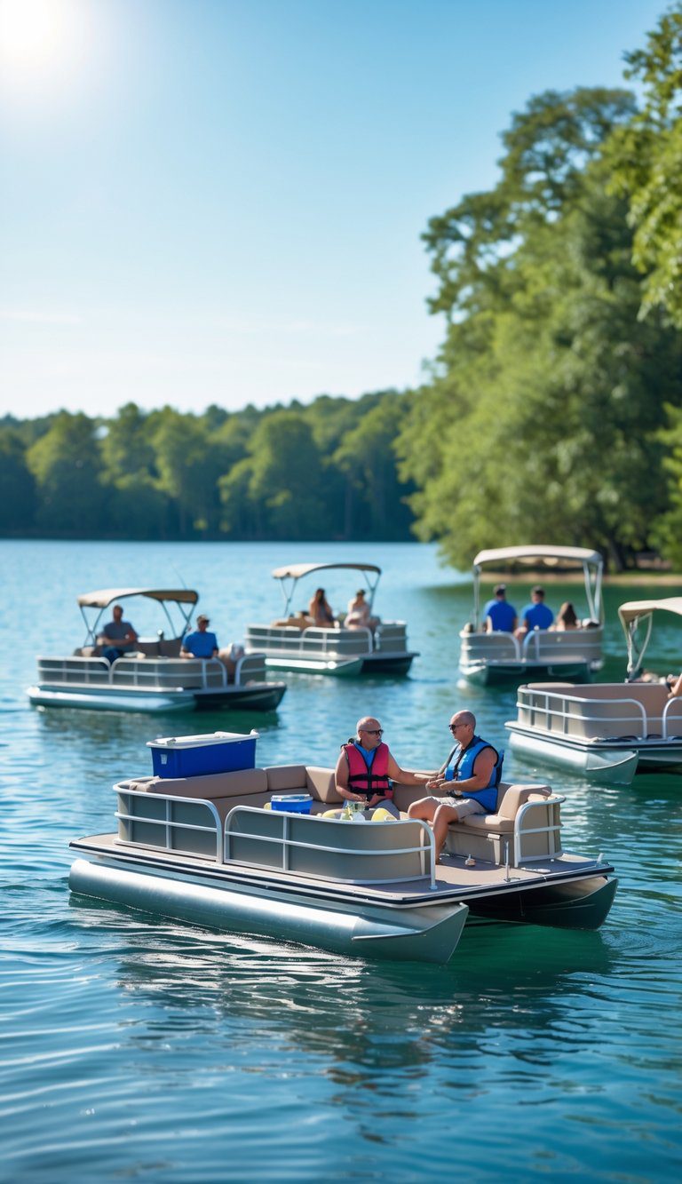 Several small pontoon boats floating on a calm lake with people enjoying a sunny day surrounded by green trees.