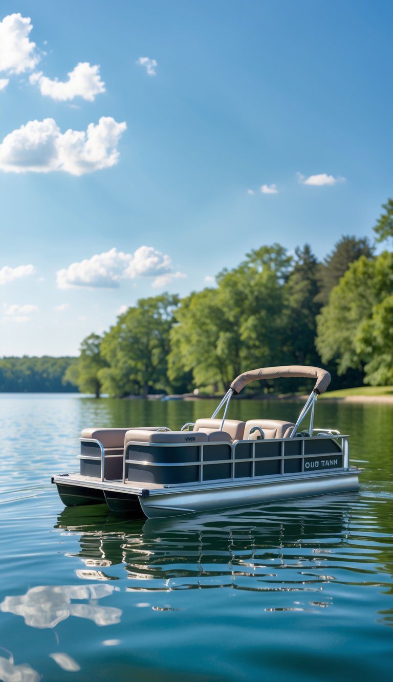 A small modern mini pontoon boat floating on a calm lake surrounded by green trees and clear blue sky.