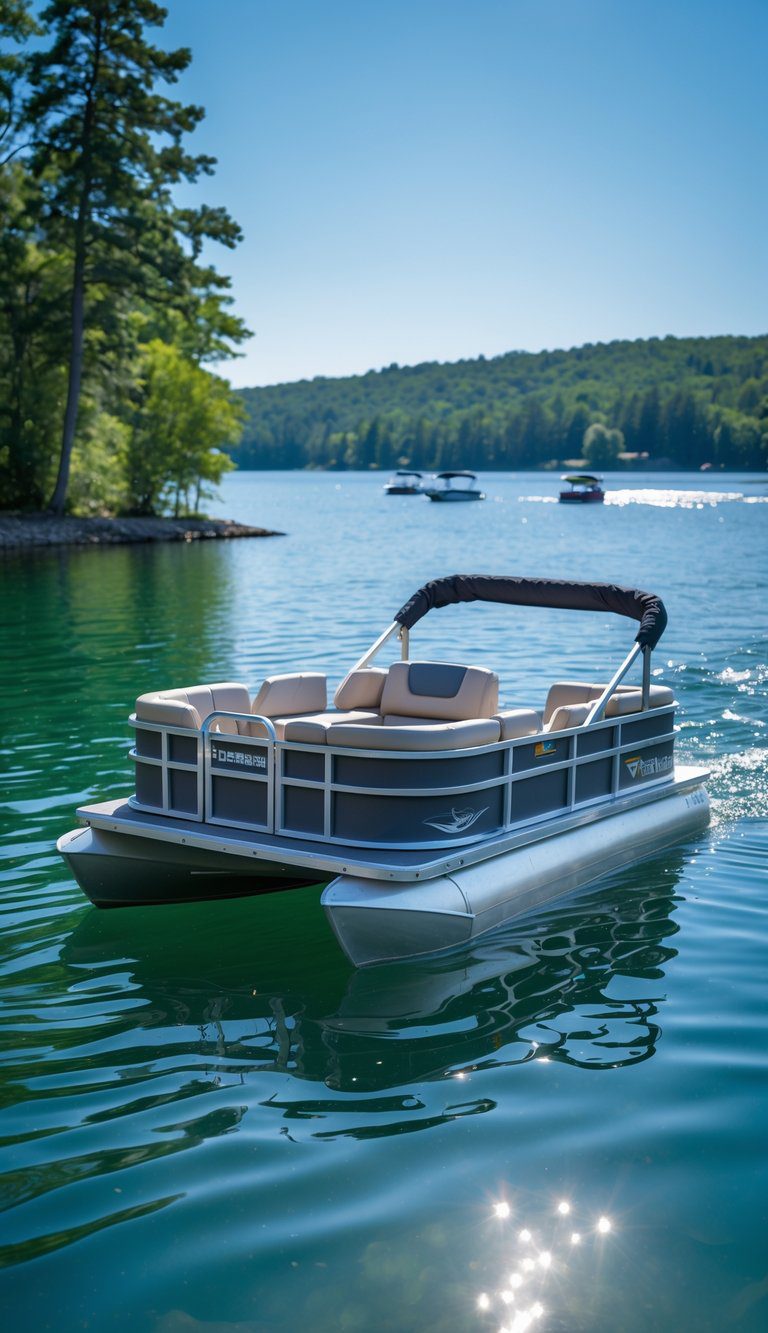A small pontoon boat floating on a calm lake surrounded by trees and hills under a clear sky.