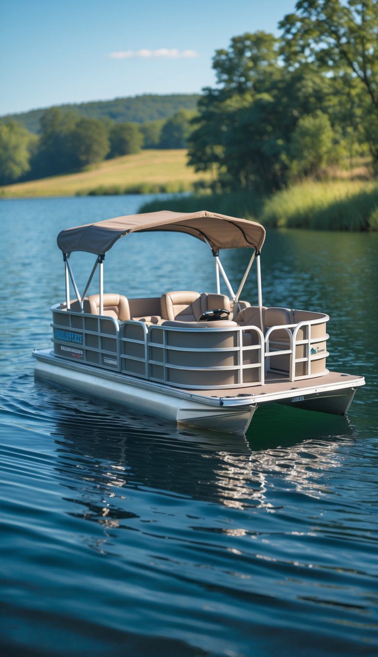A small AquaCraft Little River pontoon boat floating on a calm lake with green trees along the shore in the background.