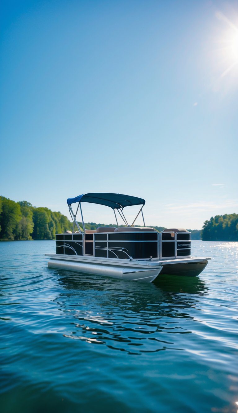 A compact aluminum mini pontoon boat floating on a calm lake with green trees in the background under a clear sky.