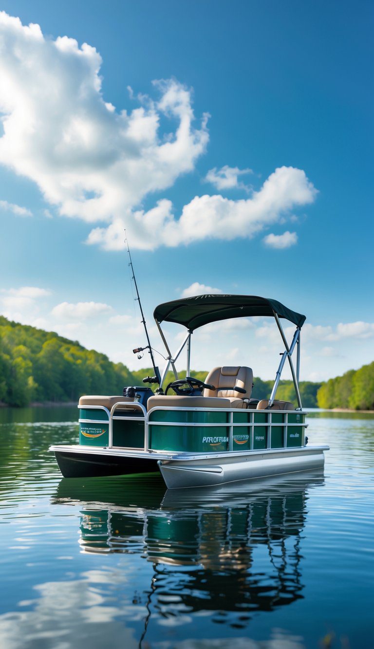 A small fishing pontoon boat floating on a calm lake surrounded by trees under a blue sky.