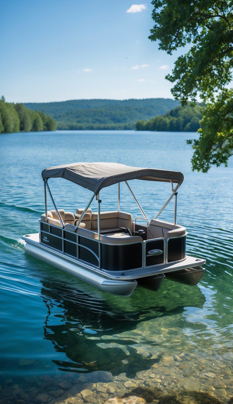 A small pontoon boat with a Bimini canopy floating on a calm lake surrounded by trees and hills.