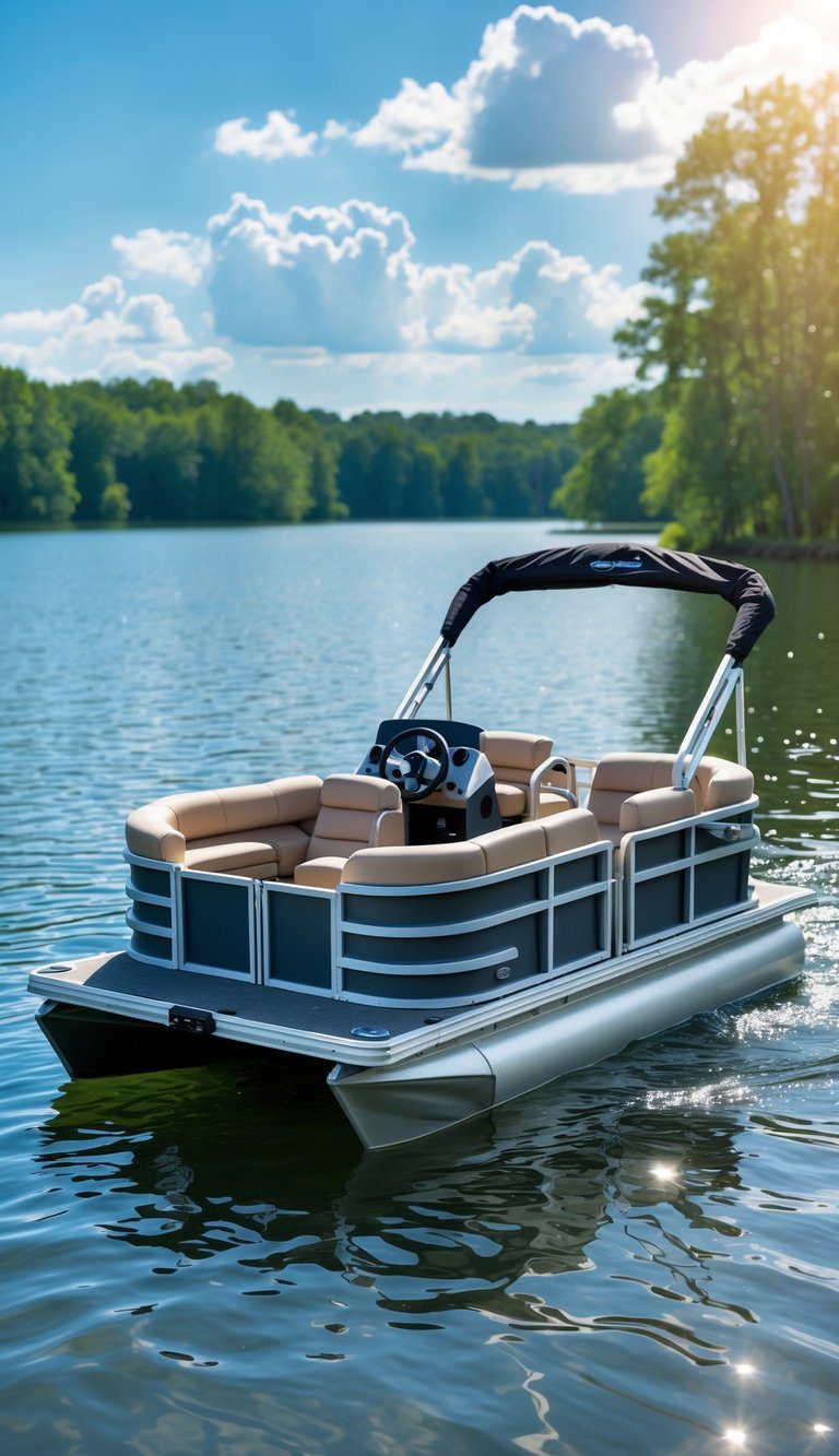 A small mini pontoon boat with cushioned seats and cooler storage floating on a calm lake surrounded by trees under a sunny sky.