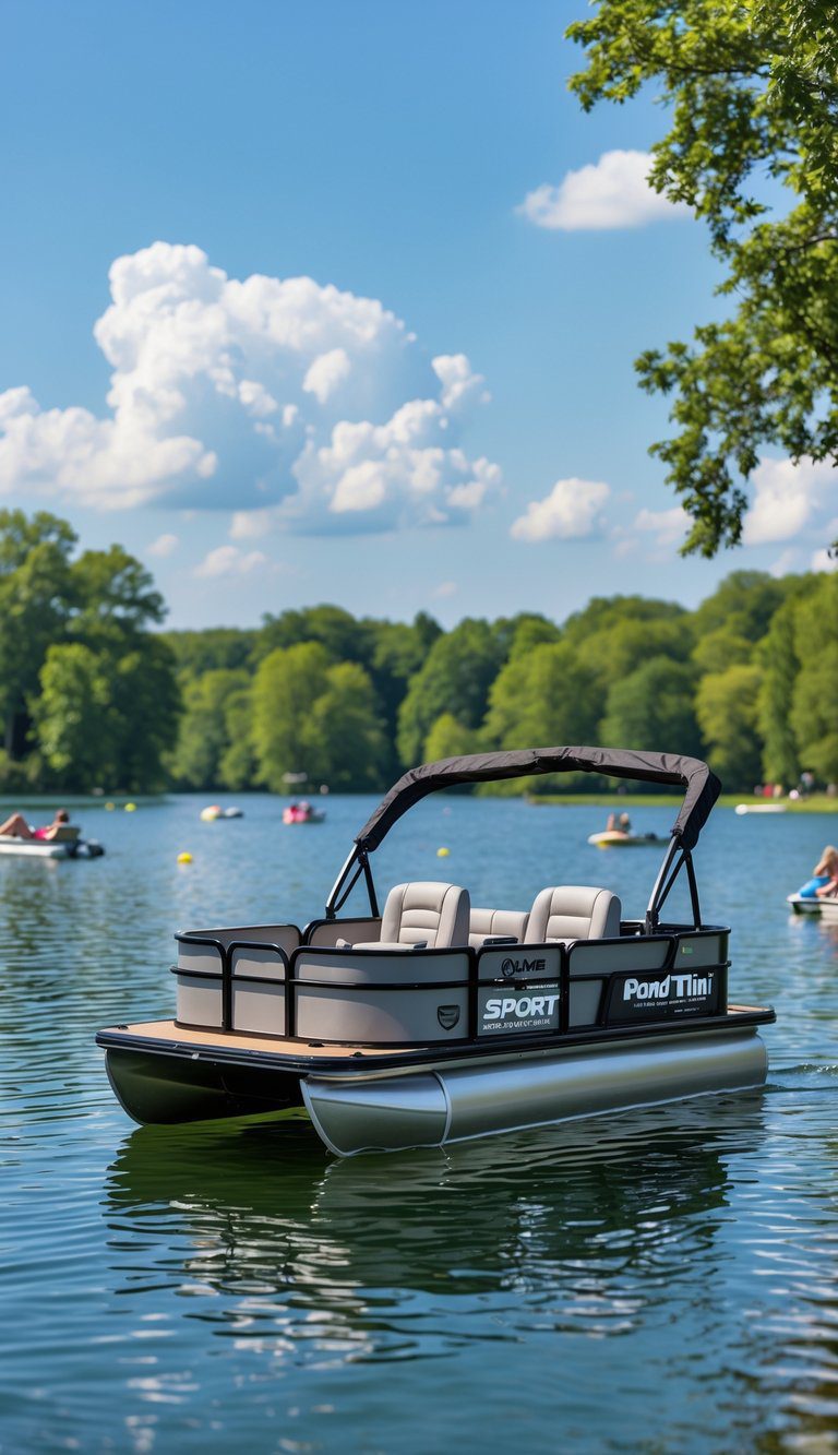 A small modern pontoon boat floating on a calm lake surrounded by green trees under a blue sky.