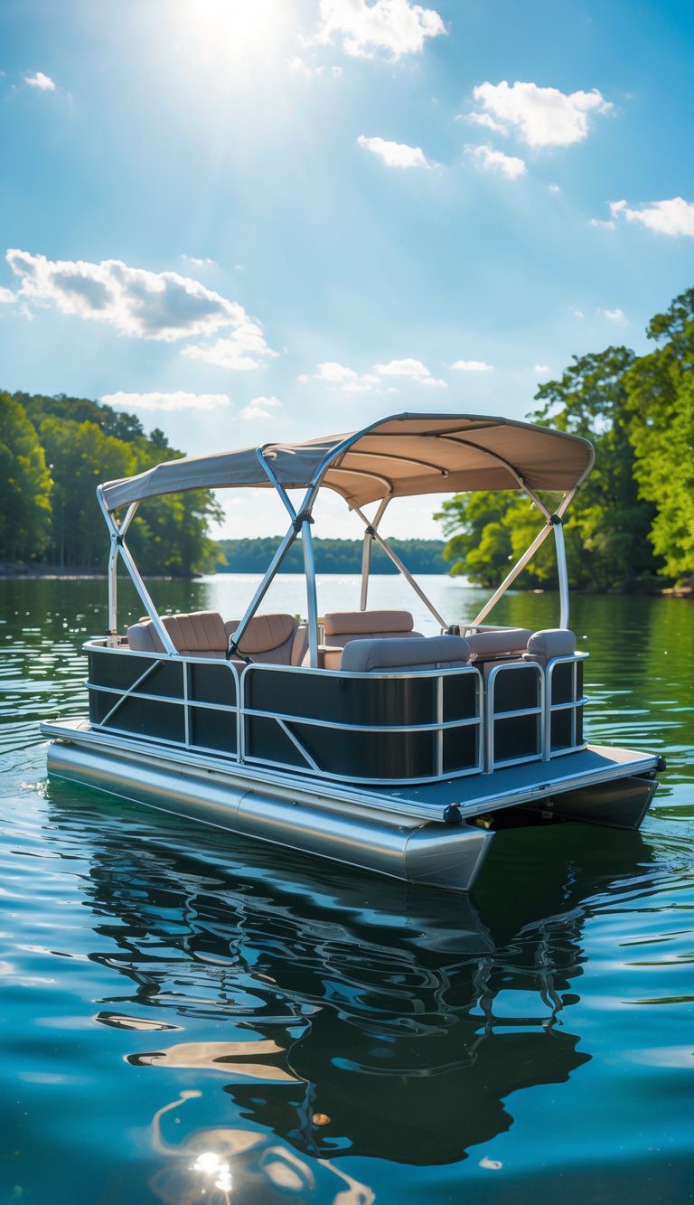 Mini pontoon boat with square pontoons floating on a calm lake surrounded by trees.