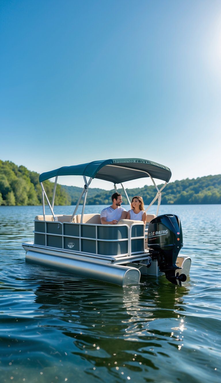 A small pontoon boat with two people on a calm lake surrounded by green trees and hills under a clear blue sky.