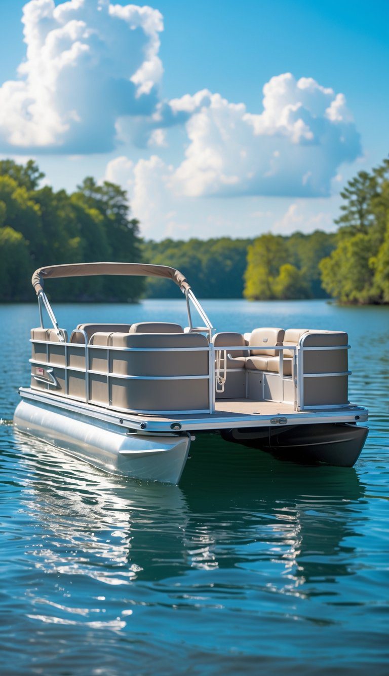 A mini pontoon boat with a front storage deck floating on a calm lake surrounded by trees under a sunny sky.
