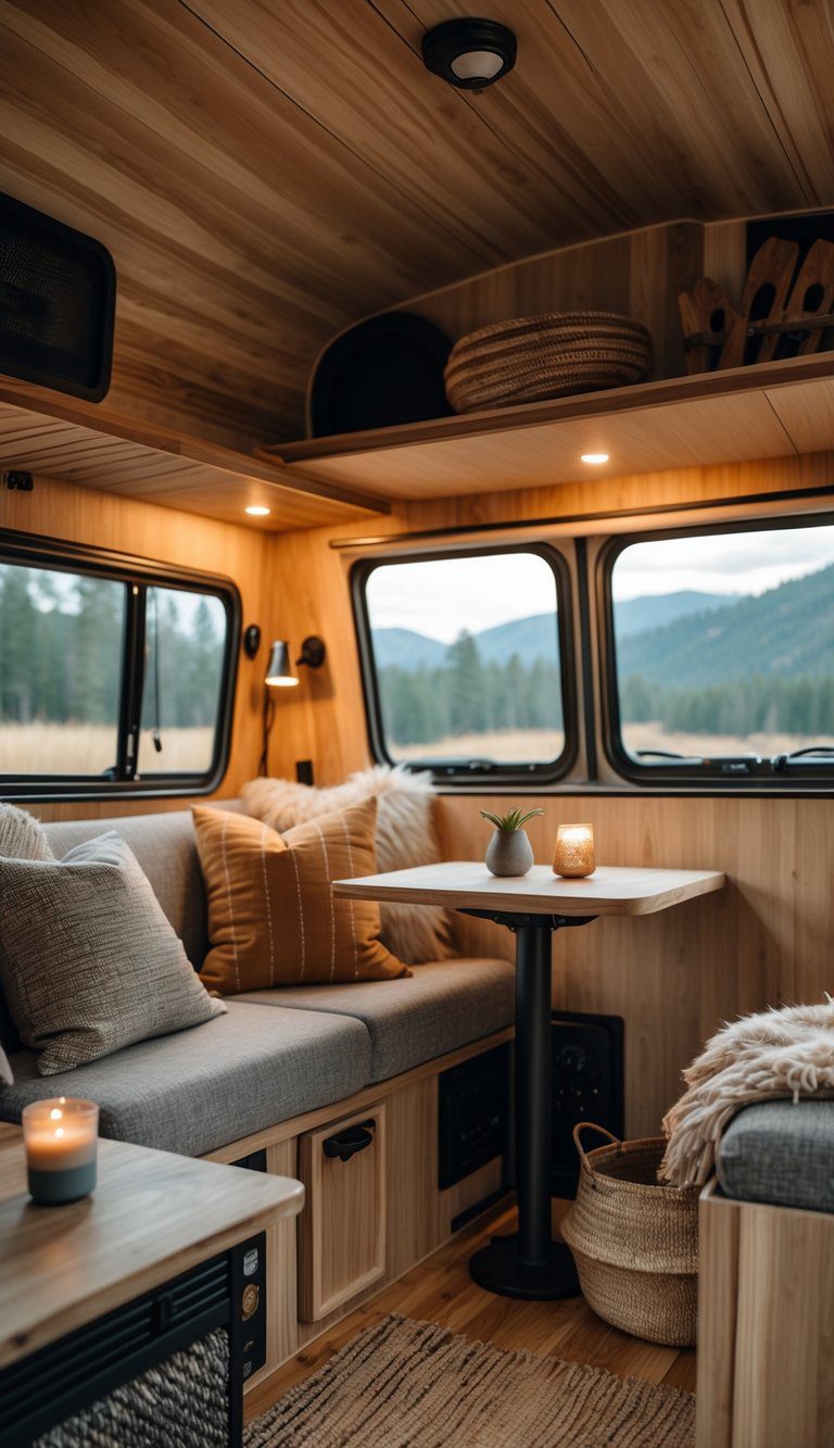 Interior of a cozy camper with wooden walls, a seating area with cushions, a small table, and large windows showing a natural outdoor view.