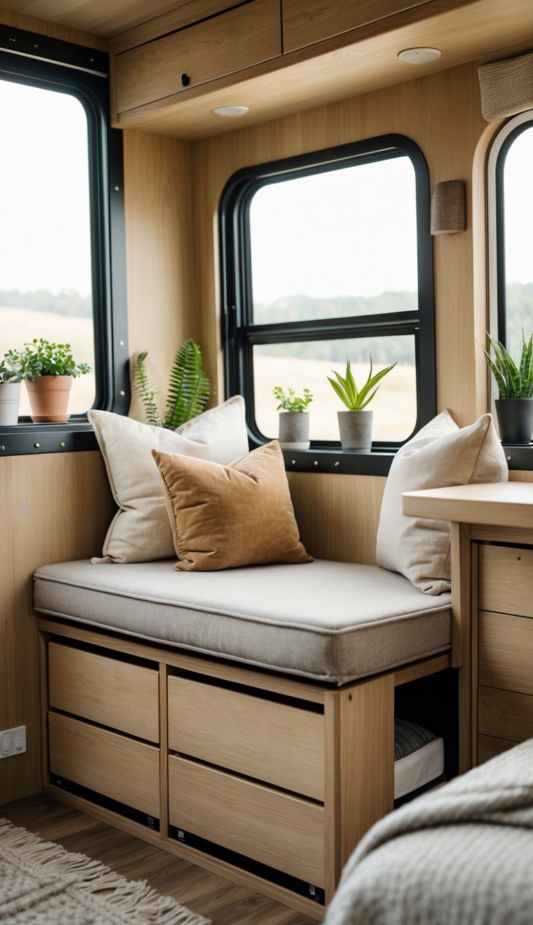 A built-in upholstered window seat with storage drawers beneath, next to a window inside a camper interior.
