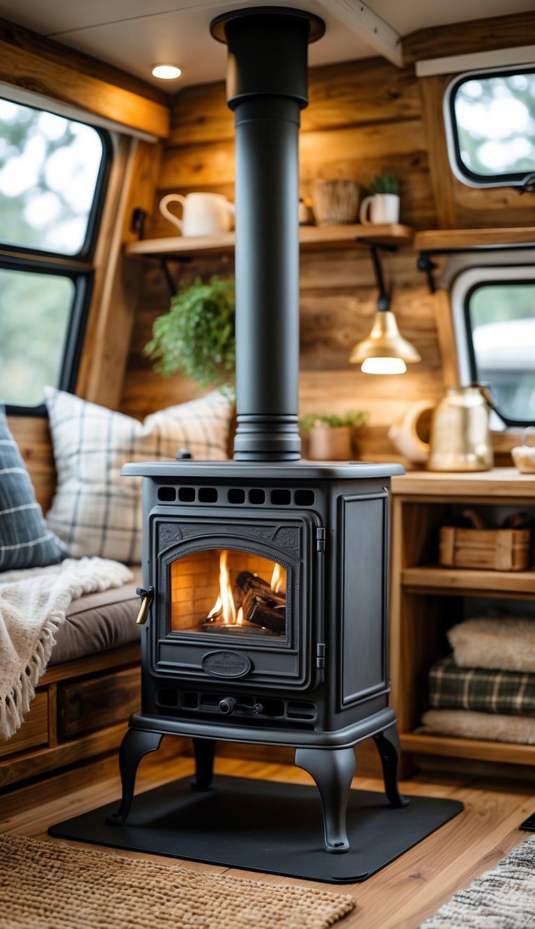 Cozy camper interior with a small black cast-iron woodstove surrounded by wooden walls, cushions, and warm ambient lighting.