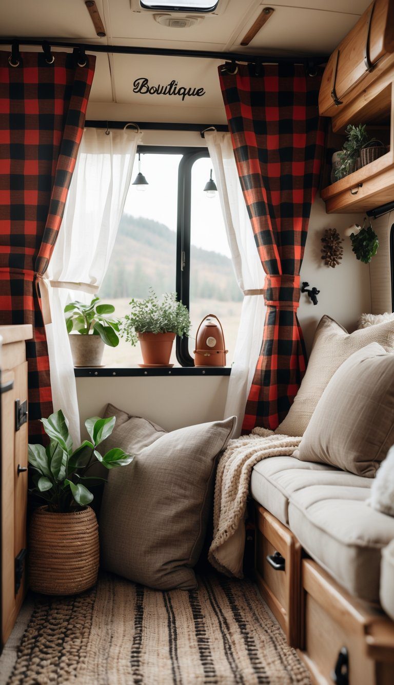 Interior of a camper with buffalo plaid curtains hanging by a window, showing a cozy and inviting living space with wooden furniture and soft cushions.