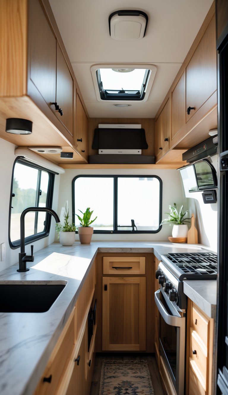 Interior view of a camper galley kitchen with a soapstone countertop, wooden cabinets, and natural light coming through a window.