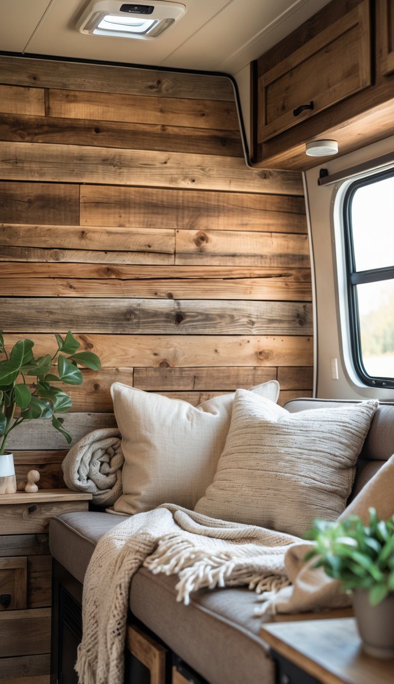Interior of a camper with a wooden accent wall and a cozy seating area with cushions and plants.