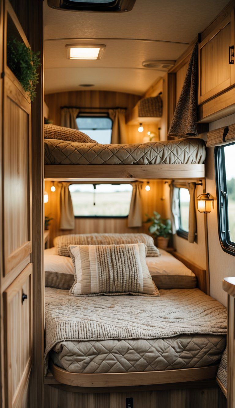 Fold-down bunk bed inside a camper with quilted covers and wooden interior.