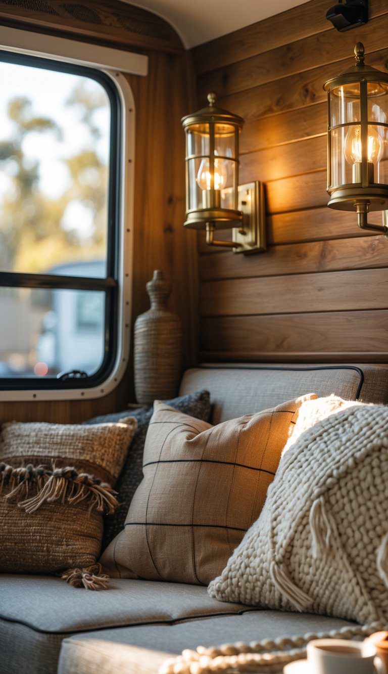 Interior of a camper with wooden walls, brass wall sconces, comfortable seating, and soft warm lighting.