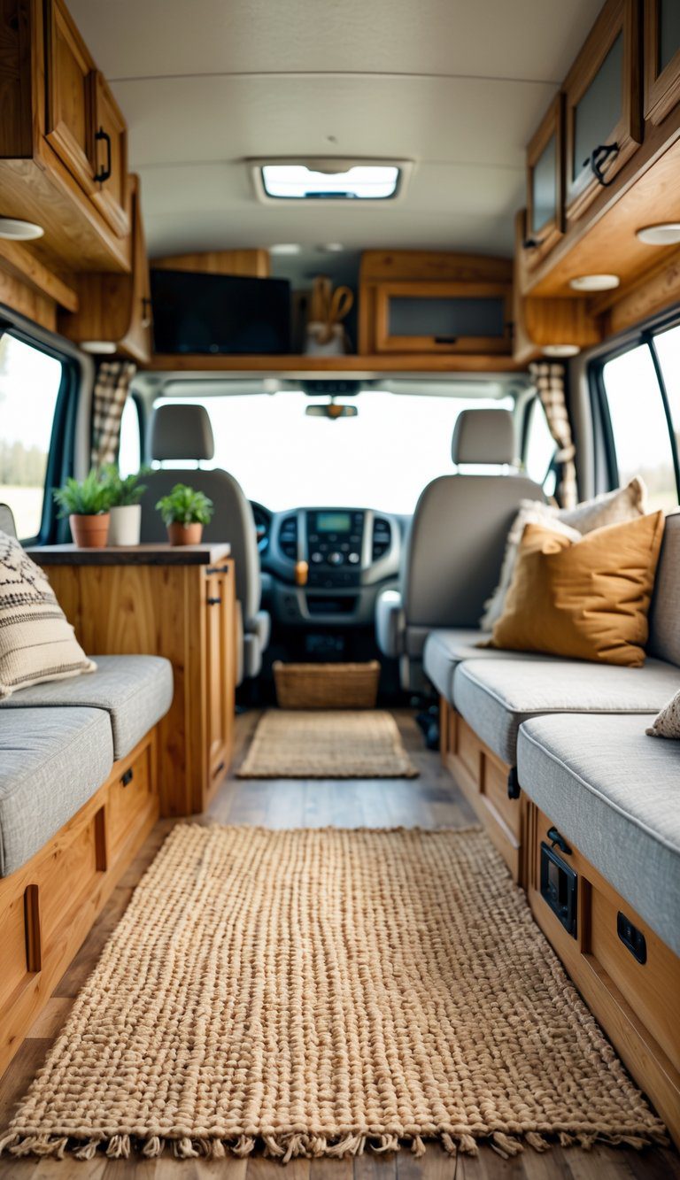 Cozy camper interior with a woven jute area rug on the floor, wooden cabinets, seating, and decorative plants.