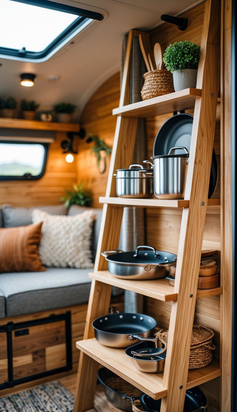 Slim A-frame ladder shelf holding cookware inside a cozy camper interior with wood accents and decorative plants.