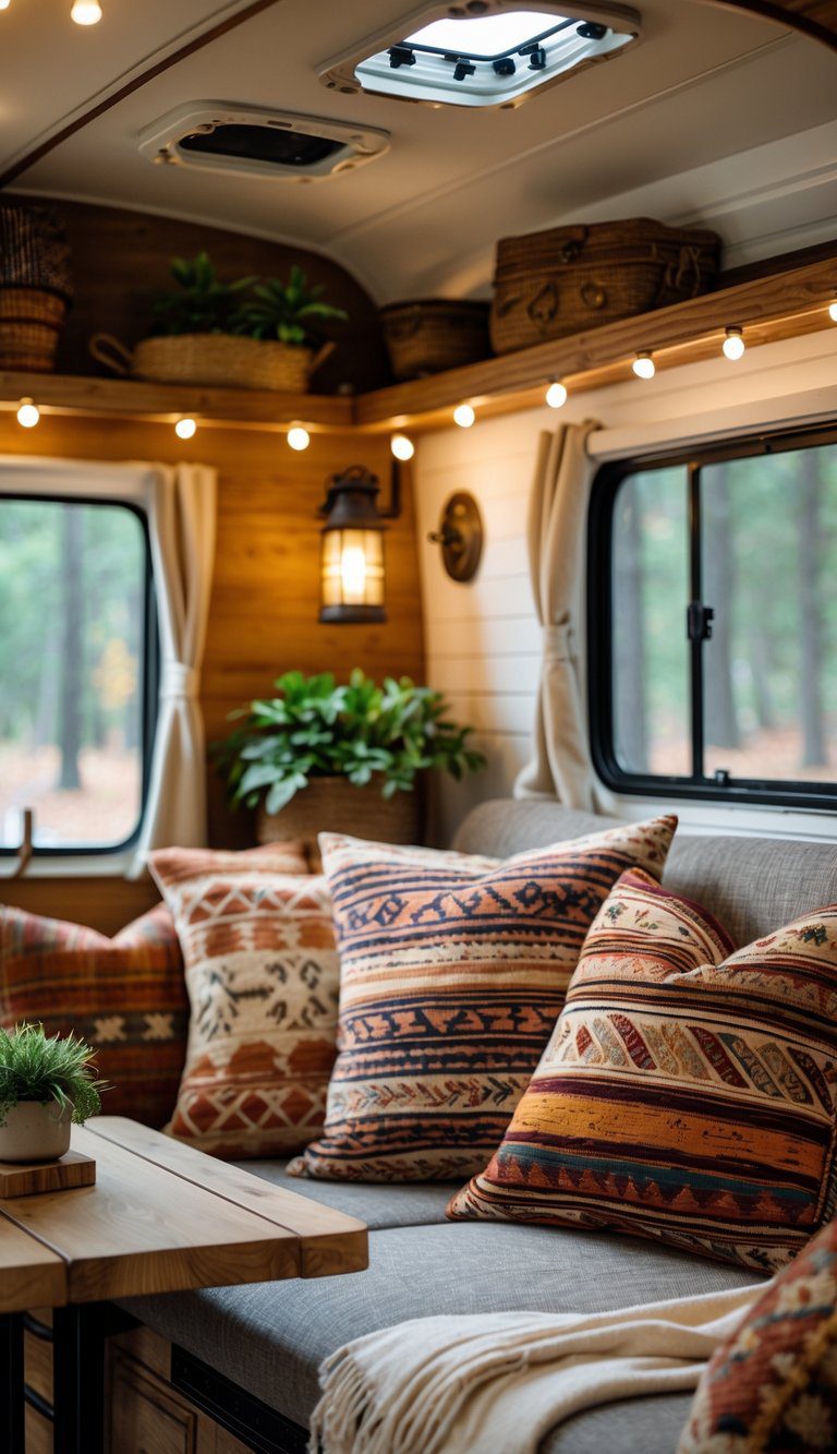 A cozy camper seating area with colorful patterned throw pillows and wooden interior details.