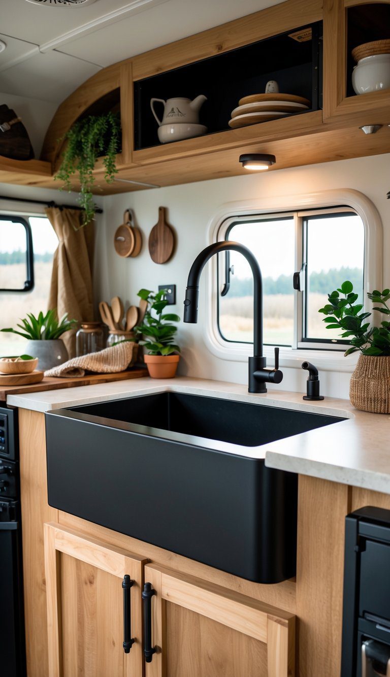 A matte black farmhouse sink installed in a camper kitchen with wooden cabinets, a window letting in natural light, and cozy decorative items around the sink.
