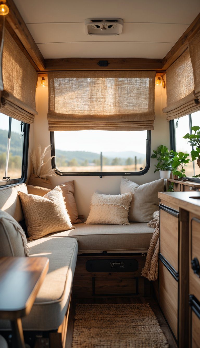 Cozy camper interior with fabric Roman shades on the windows, wooden furniture, and soft cushions.